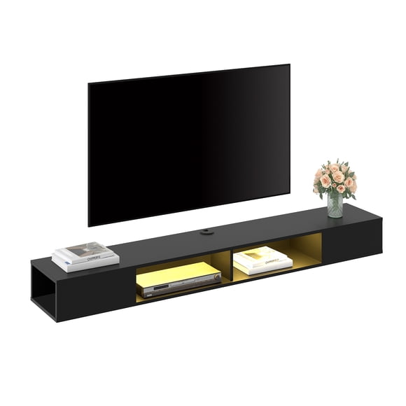 WAMPAT 70 Inch Floating TV Shelf, Under TV Stand, Wall Mount Media Console with Storage, Fits 75 TVs, Black