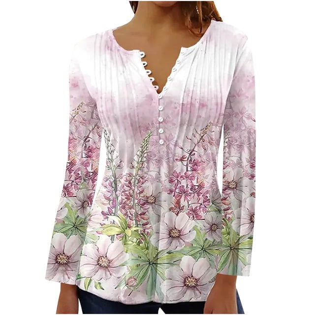 DPTALR Women Summer Sexy Fold Printed Regular Women Long Sleeves V Neck Button