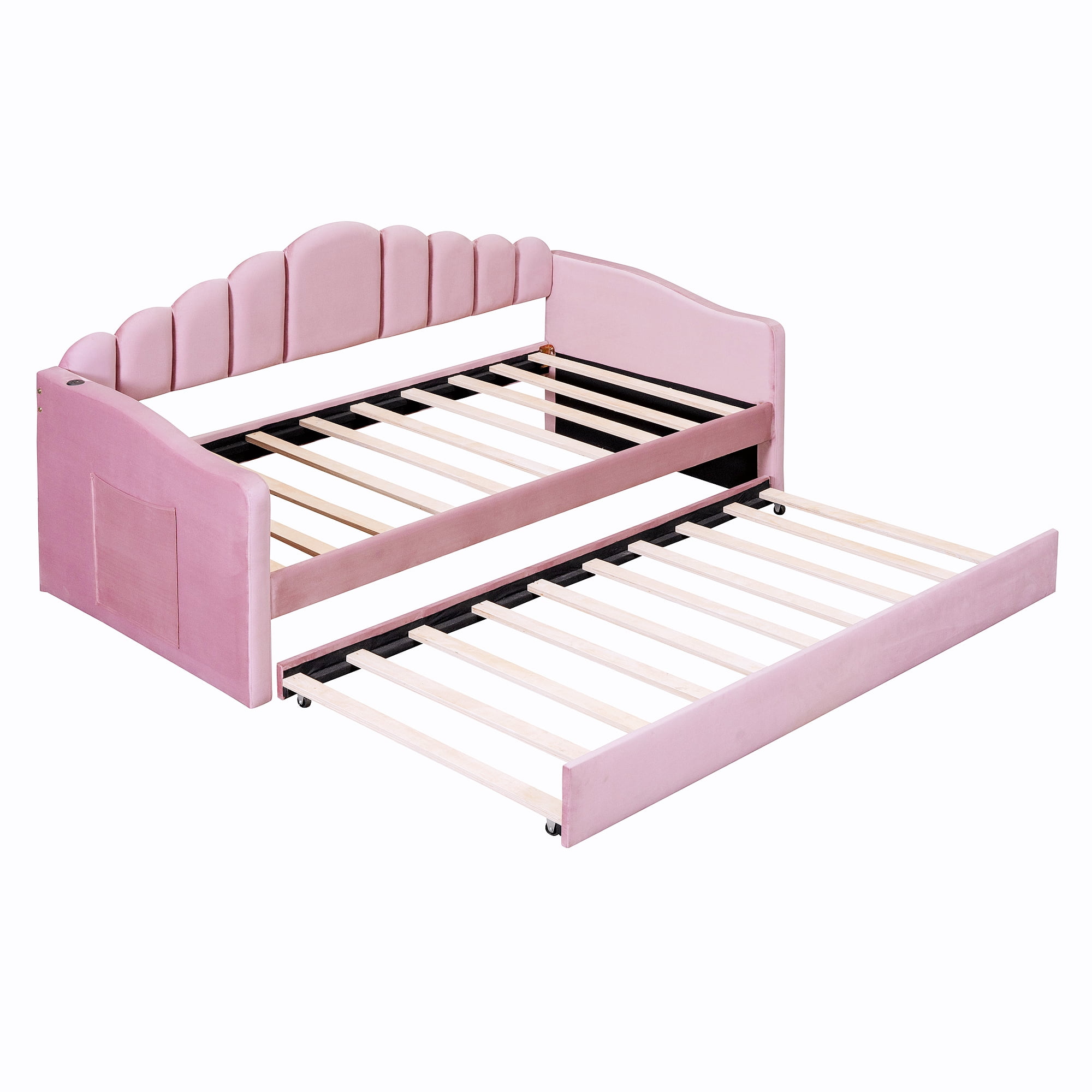 Homy Casa Lit de Jour Simple avec Lit Gigogne, Velours, Port USB, Poches de Rangement, Rose, Facile à Monter