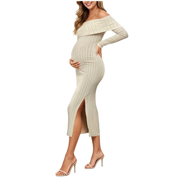 dmqupv Maternity Baby Shower Dresses Maternity Sweater Dress Rib Knit Long Sleeve Dresses With Side Slit Pregnancy Clothes Beige,Size for S