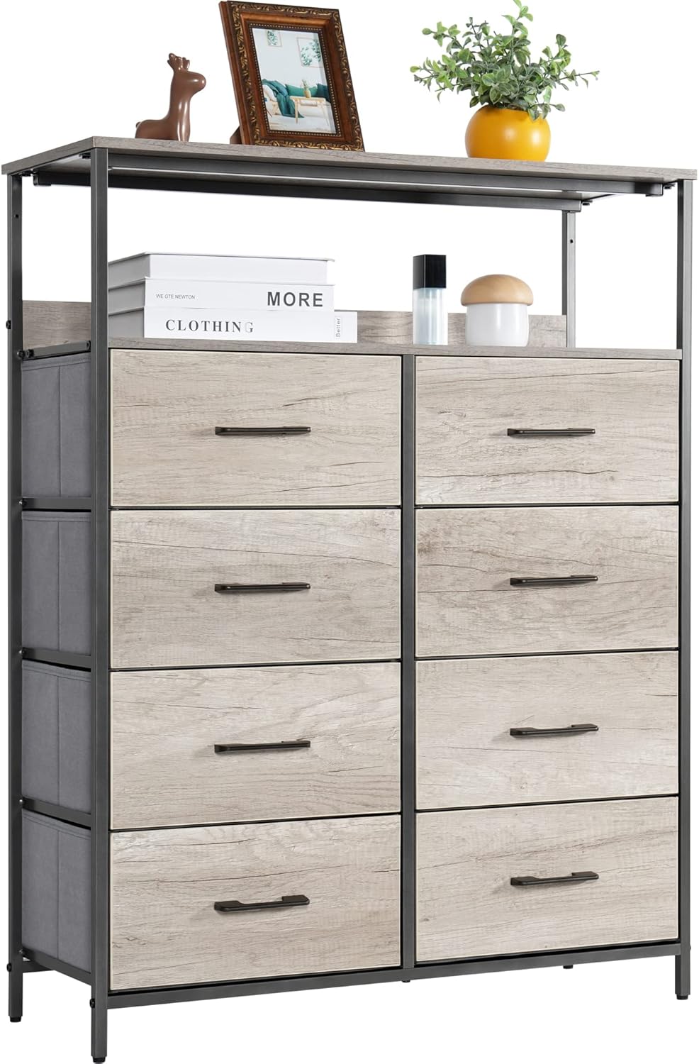 8 Drawers Dresser with Shelves, Fabric Drawers with Wood Veneer, Chest of Drawers for Bedroom, Closet, Nursery, Attic(Greige)