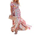 thumbnail image 3 of Femmes Boho Beach Dress Off Épaule Robe à Manches Courtes Imprimé Floral Coupe Ample Longue Robe Fendue, 3 of 6