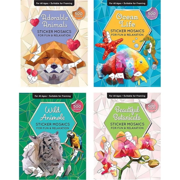 Sticker By Number Book Set for All Ages, Sticker Mosaics for Fun and Relaxation, Sticker Books for Adults with Tear-Out Pages Featuring Animals, Ocean Life, and Plants (Set of 4 Books)