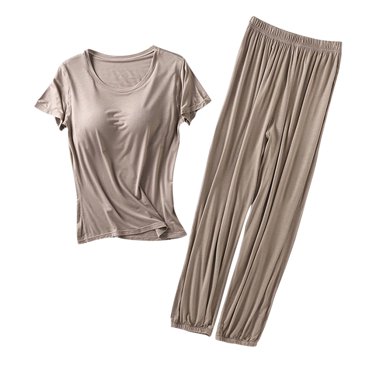 Cameland Women Plus Size Pajama Sets Women Solid Color Round Neck Short Sleeve with Chest Pad Top with Trousers Home Wear Set