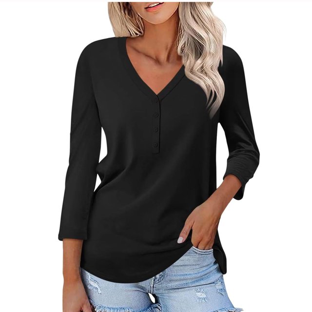 FAIWAD Womens V Neck 3/4 Sleeve T-Shirts Solid Color Casual Basic Tops 2024 Button Up Tees Blouses