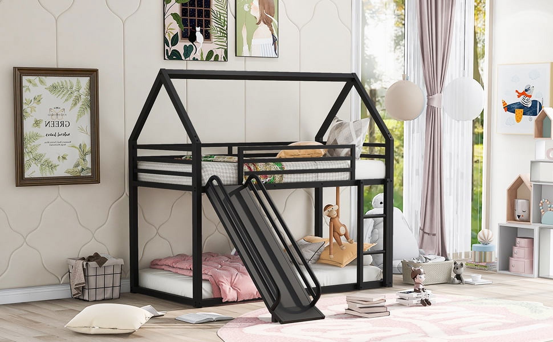 Noble House Twin over Twin House Bunk Bed with Ladder and Slide,Black