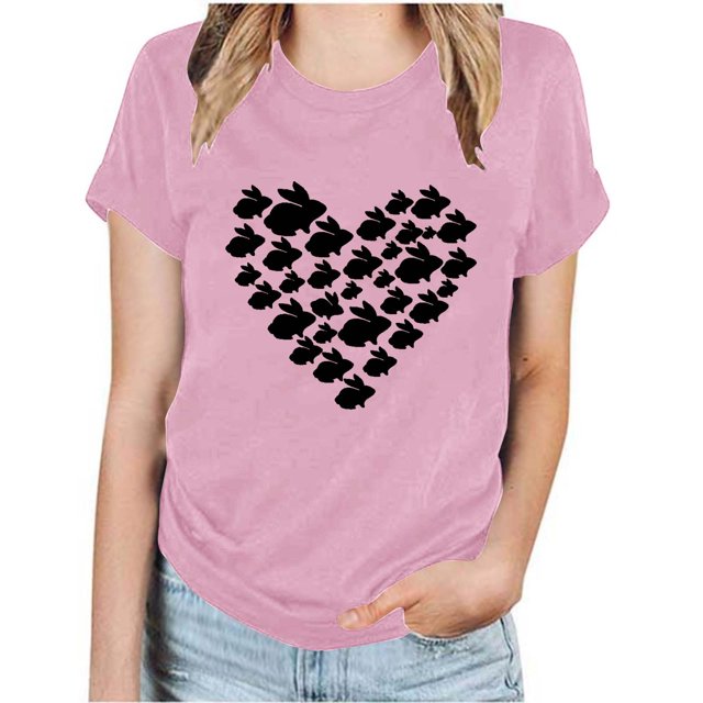 RKSTN Hauts pour Femmes 2024 Été Décontracté Ample Grande Taille Imprimé Graphique Lapin de Pâques Blouse Mode Col Rond Manches Courtes T-shirt