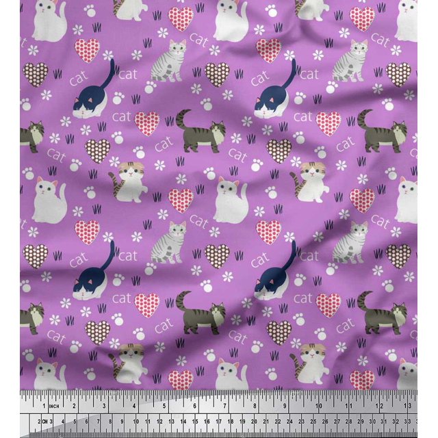 Soimoi Rayon Fabric Heart,Footprint & Cat Animal Printed Fabric 1 Yard 42 Inch Wide