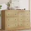 6 Drawer Rattan Dresser for Bedroom, Mid Century Modern Chest of Drawers with Rounded Corners, Wood Storage Cabinet for Living Room and Hallway,Natural