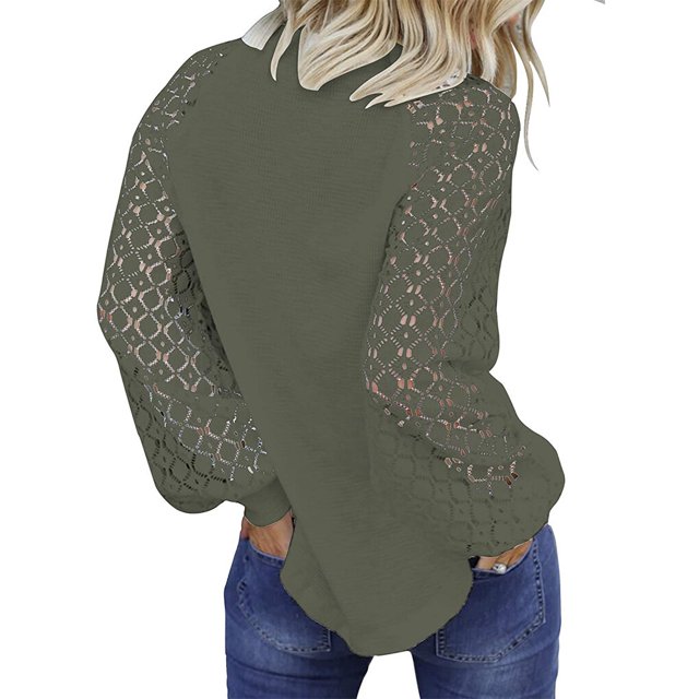 yingyy Femmes Top Dentelle Manches Longues Chemisier Col Rond Couleur Unie T-Shirt Vert XL