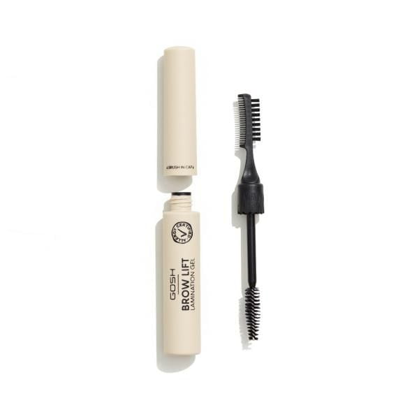 GOSH Brow Lift Lamination Gel 001 Transparent with open beige tube and dual-ended black applicator brush featuring spoolie and fine-tooth comb, designed to lift and smooth thinning or unruly eyebrows for a polished, temporary lamination effect.