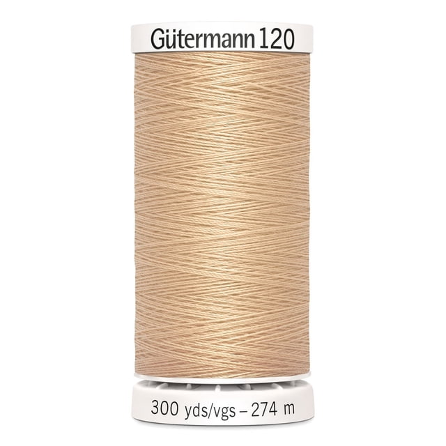 Gutermann 120 100% polyester all purpose thread spool in beige, tightly wound with 300 yards (274 meters) length, ideal for sewing woven, knit, and synthetic fabrics by machine or hand, also suitable for craft and mending projects.