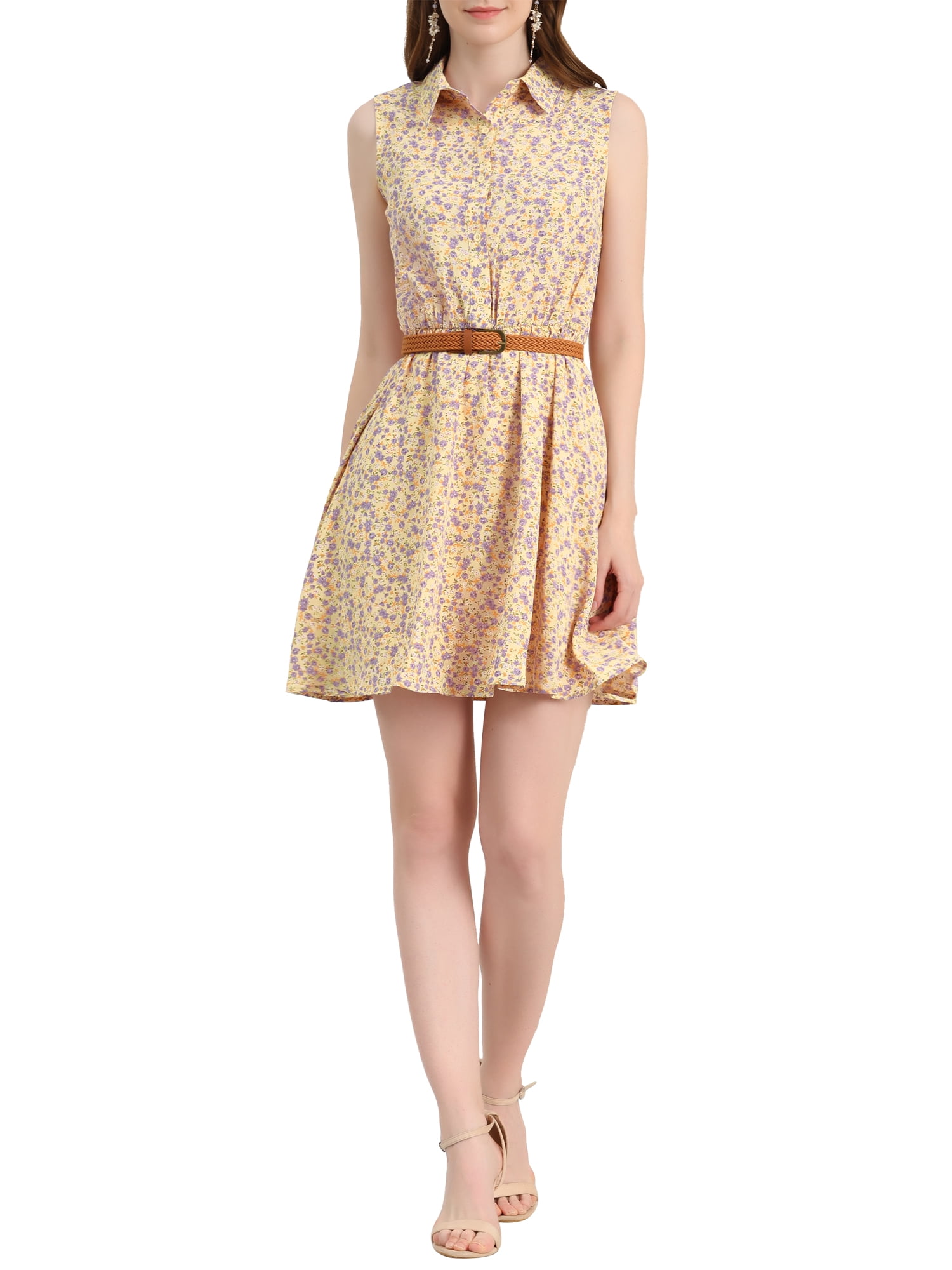 INSPIRE CHIC Robe Sans Manches à Imprimé Floral pour Femme, Demi-Patte de Boutonnage, Longueur Genou, Ceinturée, Printemps, S Orange-Violet Floral