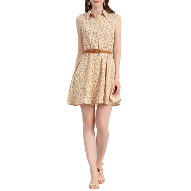 INSPIRE CHIC Robe Sans Manches à Imprimé Floral pour Femme, Demi-Patte de Boutonnage, Longueur Genou, Ceinturée, Printemps, S Orange-Violet Floral