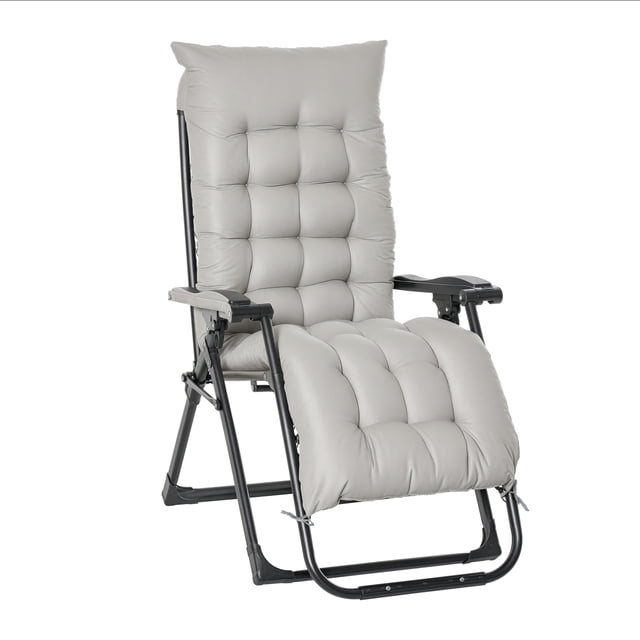 Outsunny Reclining Zero Gravity Chair with Adjustable Backrest in light grey, featuring a padded cushion and removable headrest. The chair has a curved metal frame for ergonomic support and stepless adjustable reclining positions. Dimensions: 25.6" W x 35.4" D x 43.3" H upright, 63" L x 25.6" W x 30.7" H reclining. Suitable for outdoor use on patios, balconies, gardens, or poolside.