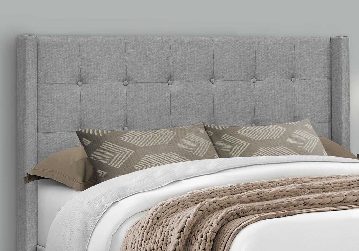 Monarch Specialties  Lit, Grand, Plate-forme, Chambre À Coucher, Cadre, Rembourré, D'aspect Lin, Pieds En Métal, Gris, Chrome, Transitionnel