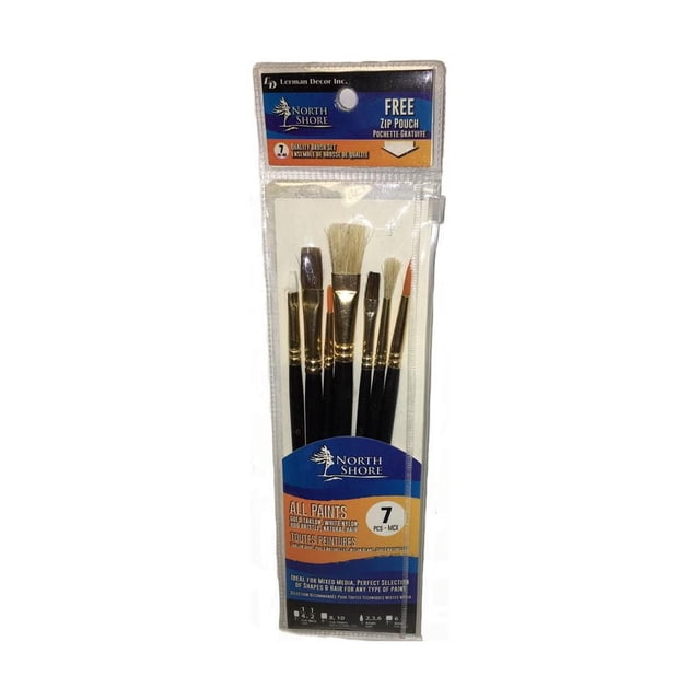 7 PCS PAINT BRUSH SET with varied sizes and shapes featuring black handles and gold ferrules, made from gold taklon, white nylon, hog bristle, and natural hair, packaged in a clear zip pouch with North Shore branding, ideal for mixed media and all paint types.