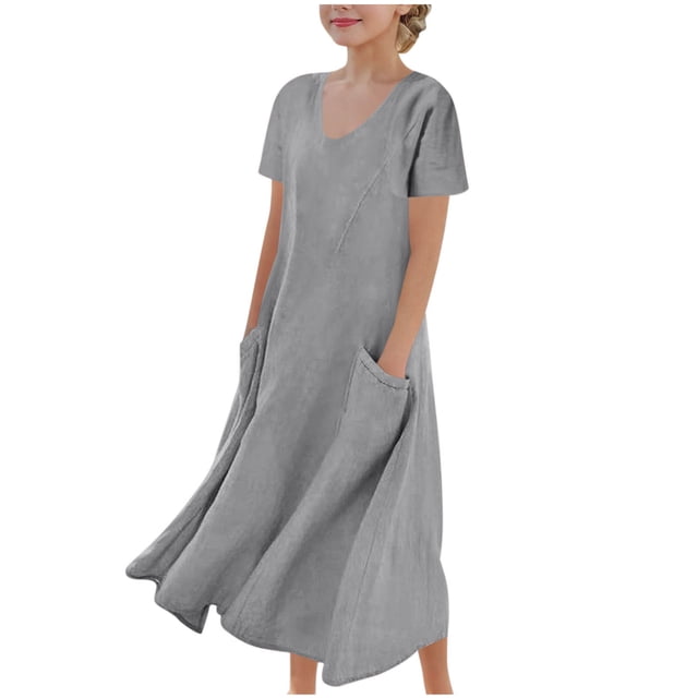Tranfacy Robe d'Été pour Filles, Robe Maxi pour Jeunes Filles, Robe à Manches Courtes pour Fille, Robe de Princesse à la Mode et Mignonne, Robe Respirante Douce et Confortable