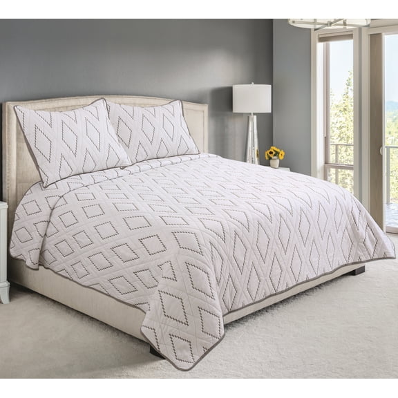 Marina Décoration Couvre-lit brodé ultra doux et uni pour l'été, housse de couette matelassée, motif géométrique moderne en losange taupe