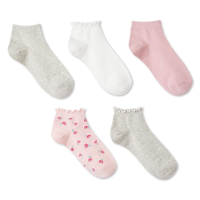 George Women's Anklet Socks 5-Pack featuring assorted ankle-length socks in a soft cotton blend. Includes solid grey, white with ribbed lettuce edge, solid pink, pink floral print with lettuce edge, and light grey with lettuce edge. Designed for casual wear with sneakers or low-cut shoes and suitable for everyday comfort.