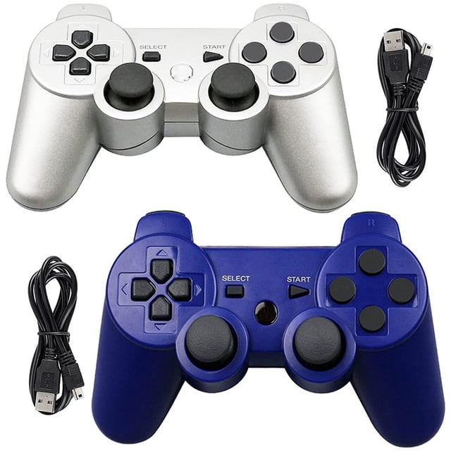 SAYDY Manette PS3 Sans Fil Bluetooth Manettes de Jeu pour Manette SAYDY 3 Manette PS3 Sans Fil Lot de 2 en Argent et Bleu. Comprend Deux Câbles de Recharge USB. Conception Ergonomique avec Moteurs à Double vibration, joysticks à 360°, et Connectivité Sans Fil pour jusqu'à 7 Joueurs Simultanément. Compatible avec PlayStation 3.