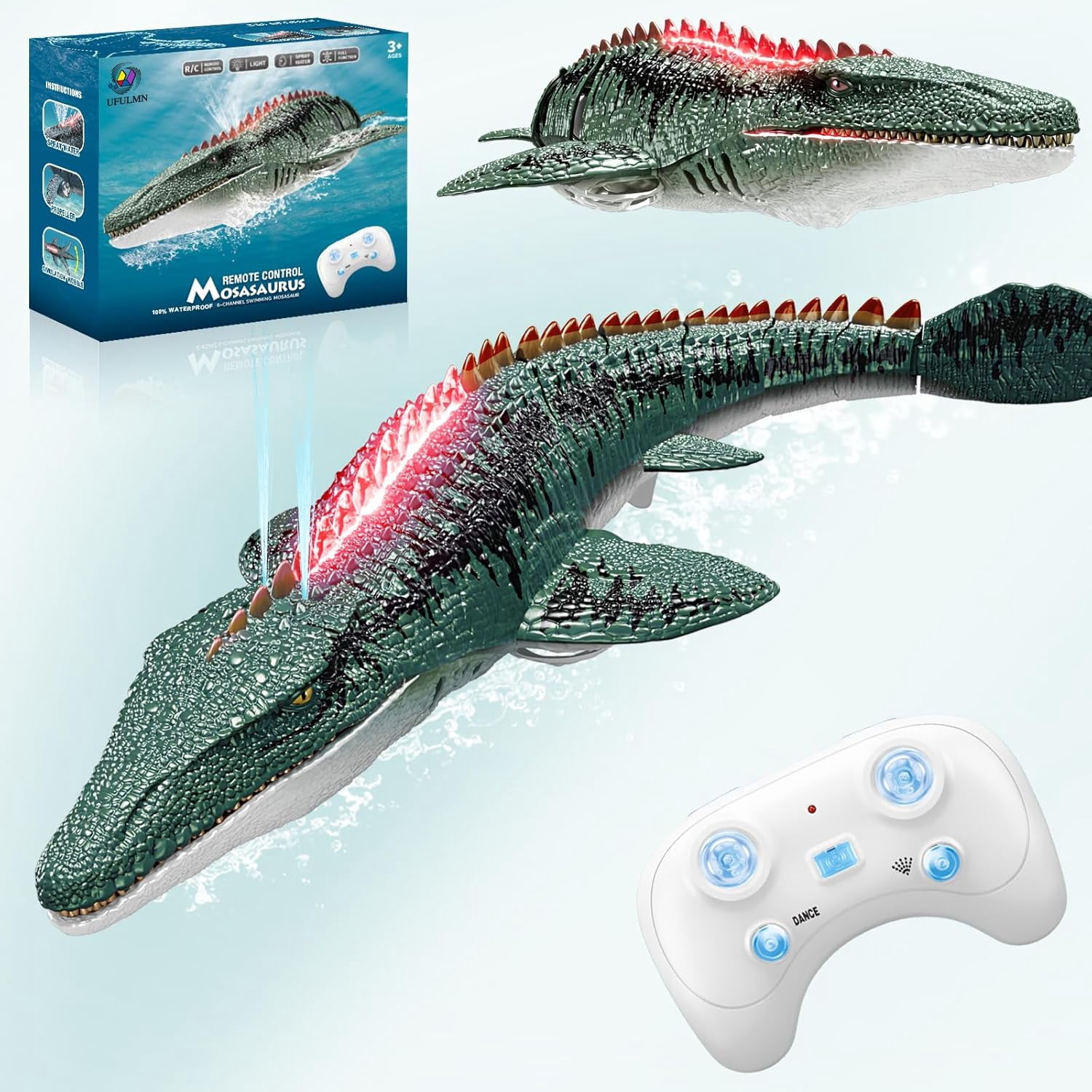 Remote Control Mosasaurus Dinosaur Toys for Boys Kids, Rechargable Swimming Pool High Simulation Toys, Electric RC Sea Monster with Light & Spray Water Birthday Gift for Ages 3 4 5 6 7 8 9
