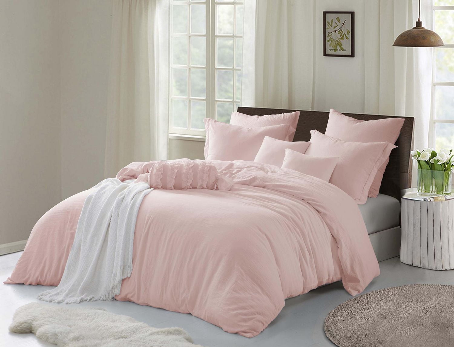 Swift Home Ultra-Soft Prewashed Wrinkle Texture Duvet Cover Set, Solid, Rose Blush, Queen