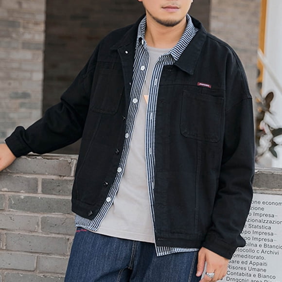 Veste Matelassée à Capuche pour Homme à Manches Longues, Style Moto Vintage, Couleur Unie, avec Boutons et Poches, en Denim, Légère et Compacte, Noire, G