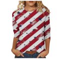 thumbnail image 2 of Hauts d'Été pour Femmes 2023 Mode Féminine Manches Trois-Quarts Col Rond Rétro Imprimé Indépendance Blouse Ample Manches Trois-Quarts Bohémienne Grande Taille T-Shirt pour Femmes, 2 of 4