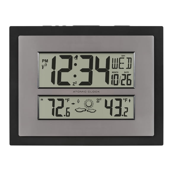 La Crosse Technology 512-85937-INT Atomic Digital Wall Clock with Temperature & Forecast in Gray/Silver