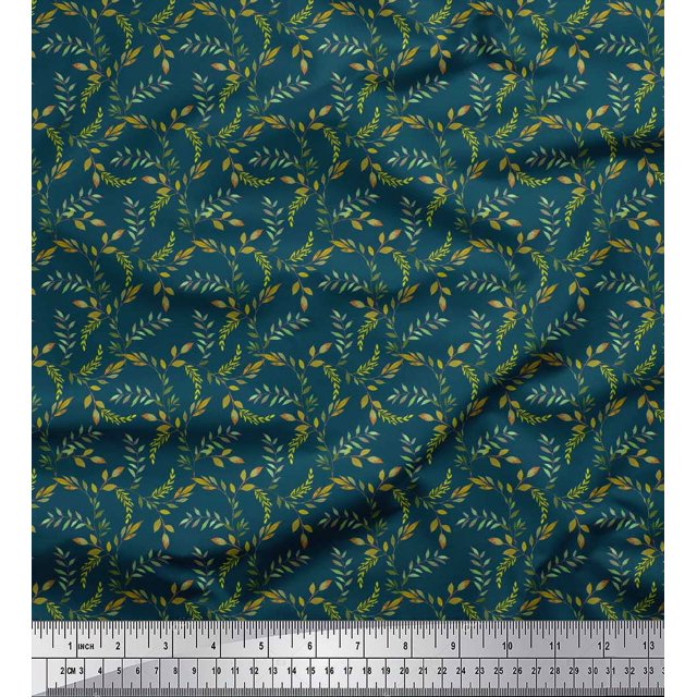 Soimoi Blue Modal Satin FabricLeaves Print Fabric by the Yard 42 Inch Wide