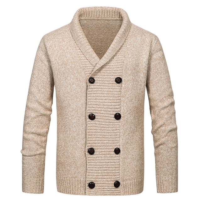 Grrvtrz Men's Double Breasted Cable Knit Sweater Button Down Shawl Collar Cardigans Chunky Comfortable Knit Cardigan