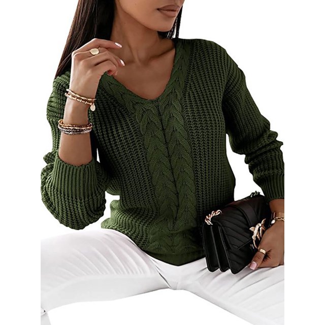 LUXUR Chandails Tricotés Épais pour Femmes Tricot Chic Chandail Vert Armée P