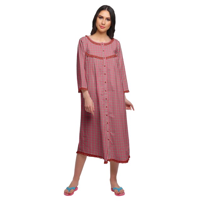 Moomaya Robe de Nuit Imprimée Longueur Genou en Coton avec Bordure en Dentelle Manches 3/4 pour Femmes