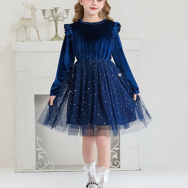 TIMIFIS Robe de Princesse Bleue pour Filles en Tulle à Étoiles et Paillettes, Manches Longues, Couleur Unie, Col Ras du Cou, Robe Midi Évasée, Mariage, Fête, Soirée, Danse, Fête d'Anniversaire, Robe de Bal pour Enfants
