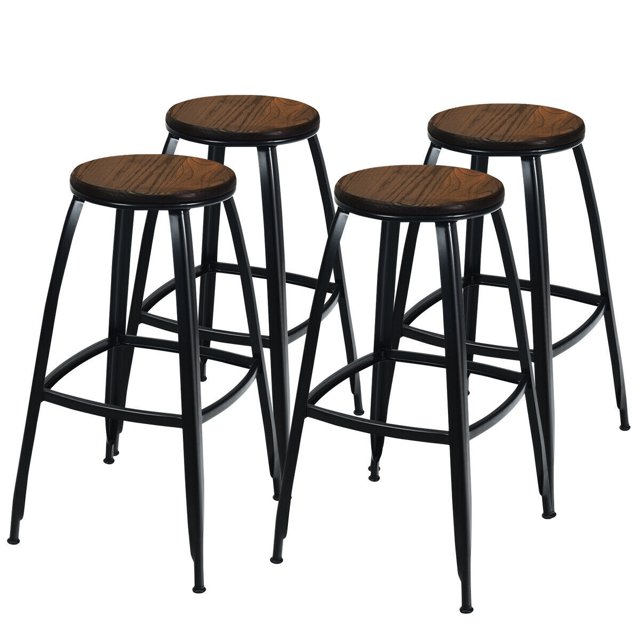 Gymax Set of 4 Industrial 30'' Bar Stool Pub Height Bar Chair Metal Frame Elm Wood Seat