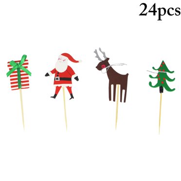 24PCS Christmas Cake Topper Santa Elk Christmas Cupcake Pick Cake Decoration