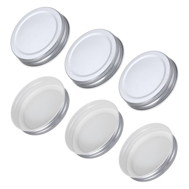 6 Pcs Mason Jar Lids, Colored Tinplate Canning Lids with Label for Regular Mouth Mason Jar for fermenting, pickling, meal prep, freezing, and preserving. These silver lids, measuring 70mm in diameter, feature a reliable sealing design with threaded edges and an inner sealant for vacuum preservation. Made of durable tinplate, they are compatible with wide-mouth Mason jars and come with 24 round black labels for easy marking. Suitable for use in kitchens, refrigerators, bakeries, and more.