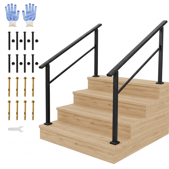 Stair Handrail Kit – Black Aluminum & Iron – Outdoor Safety Railing for 4 Steps – ADA Compliant & Non-Slip Grip – DIY Install – Includes Hardware & Gloves – 2-Pack