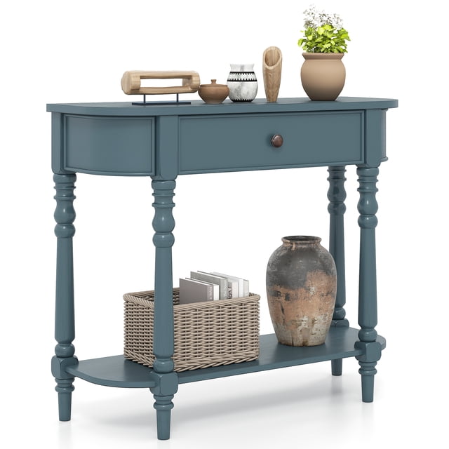 Gymax Table Console Rétro 36 Pieds'L Table d'Entrée en Bois avec Tiroir de Rangement et Tablette Ouverte Bleu