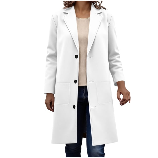 WRKEKC Coats for Women Long Sleeve Solid Color Button Multi Pocket Wool Blend Long Jacket Top for Daily Appeal and Functional Design