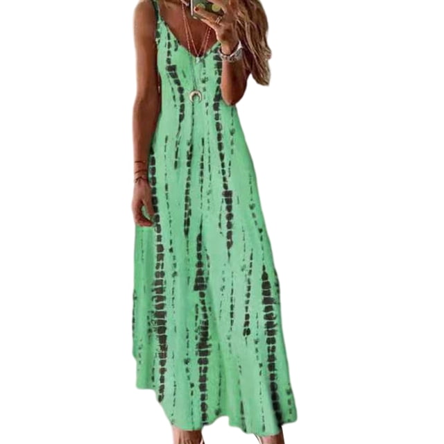 LUXUR Robe Longue Maxi pour Femmes à Col en V, d'Été, de Plage, Sans Manches, Combinaison, Style Bohème, Teinture sur Nœuds, Vert, 3TG