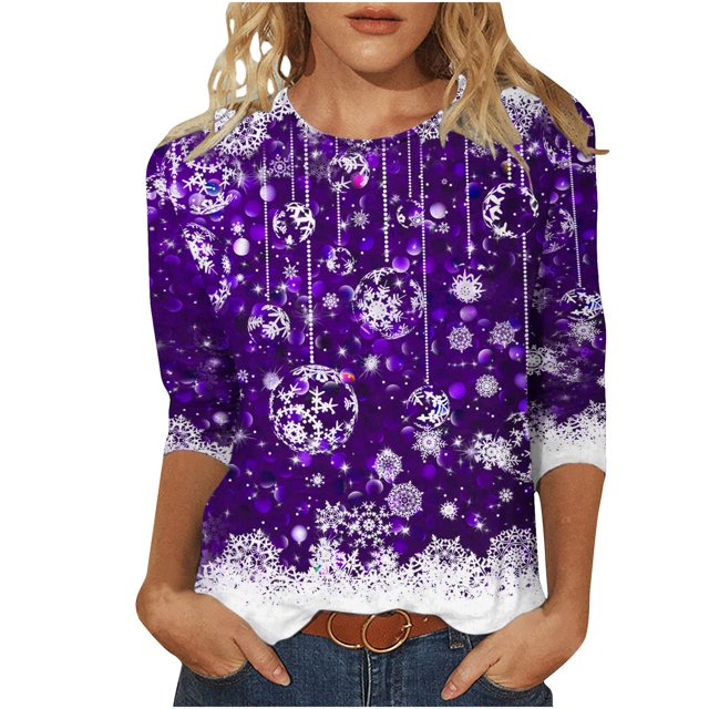 Pisexur Chandails de Noël pour Femmes Chandails à Manches 3/4 pour Femmes Chandails à Col Rond Graphiques Amusants Chandails à Capuchon Décontractés pour les Fêtes de Noël Confort Amples Mode d'Automne Chandails à Enfiler