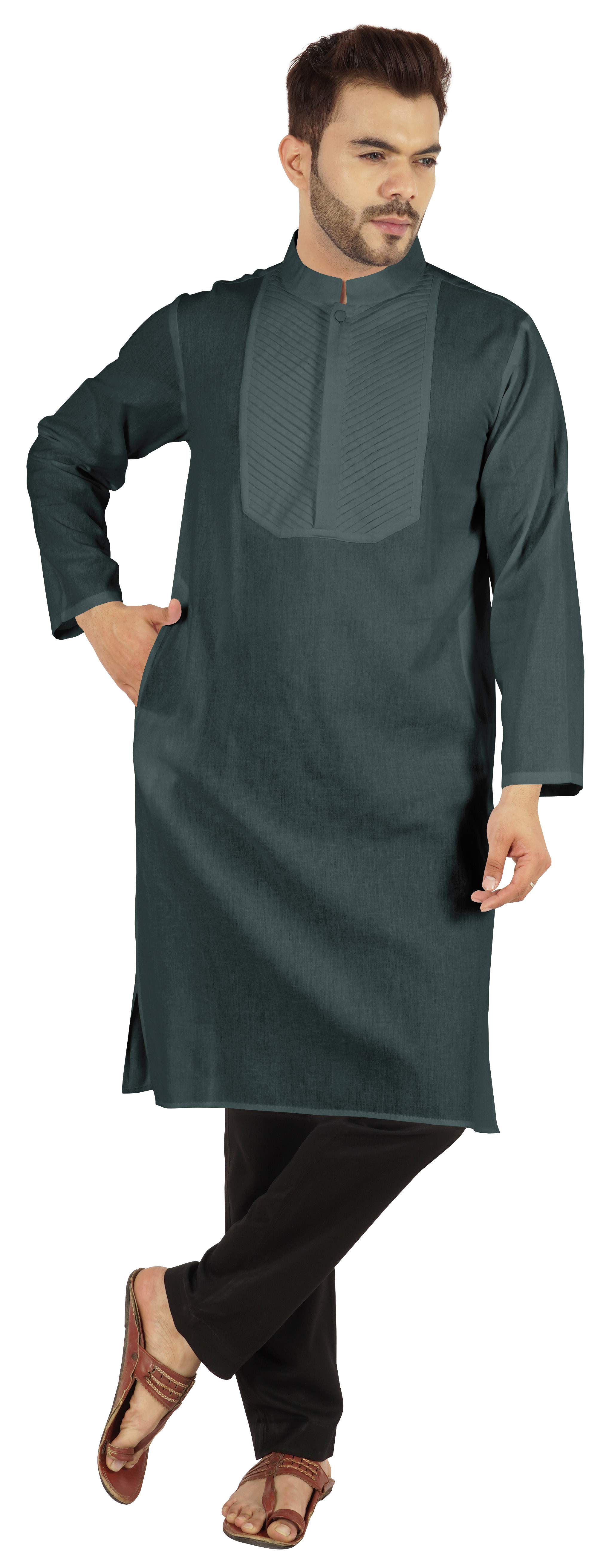 Atasi Indian Solid Kurta Pajama Set For MensMandarin Collar Casual Long-Wear Kurta