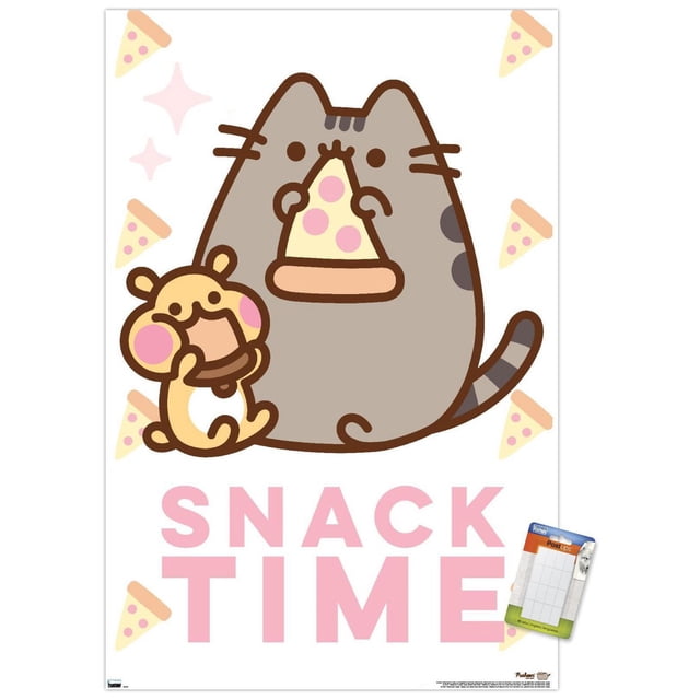 Pusheen - Snack Time Wall Poster, 14.725" x 22.375" Framed featuring cartoon cat Pusheen holding a slice of pizza with pink pepperoni, alongside a small yellow hamster-like character eating a sandwich, surrounded by floating pizza slices and pink stars, with large pink 'SNACK TIME' text on a white background, ideal for decorating bedrooms, offices, or dorm rooms.