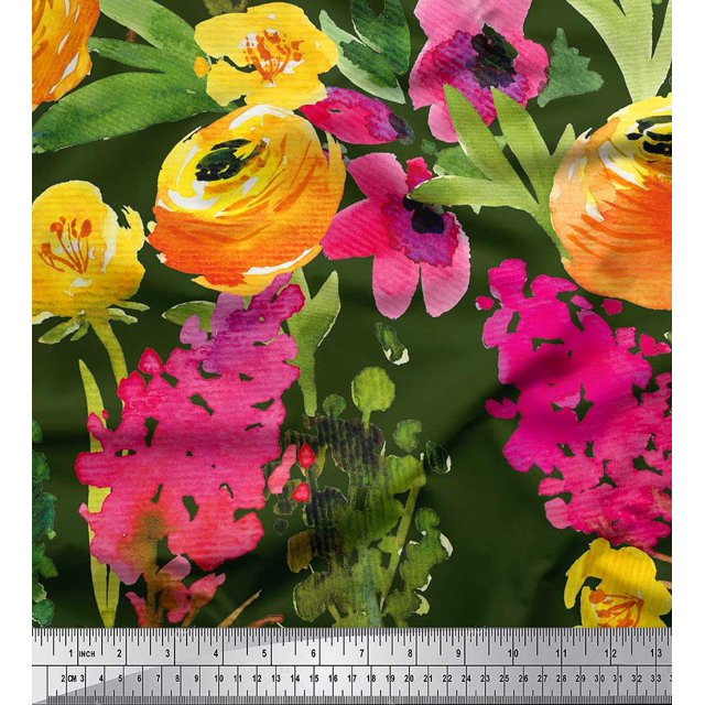 Soimoi Green Poly Georgette Fabric Leaves & Floral Print Fabric by The Yard 52 Inch Wide