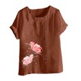 thumbnail image 4 of Pisexur Chemises pour Femmes Grande Taille Surdimensionnées Imprimé Papillon Hauts en Coton et Lin Mélange Col Ras du Cou Manches Courtes Tunique Basique T-Shirts Hauts Blouse, 4 of 5