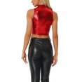thumbnail image 3 of INSPIRE CHIC Haut pour Femme Col Montant Fermeture Éclair devant Sans Manches Holographique Scintillant Hauts de Fête S Rouge, 3 of 6