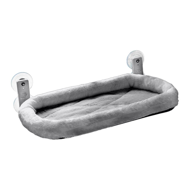 lionlar Cat Window Perch Hammock Cozy Cat Window Bed in gray, measuring 30x60cm. Designed for indoor cats, it features a foldable design for easy storage, thickened cushion edges for comfort, and strong suction cups for secure attachment to windows. Made of durable cloth material, ideal for cat furniture setups and sunbathing.