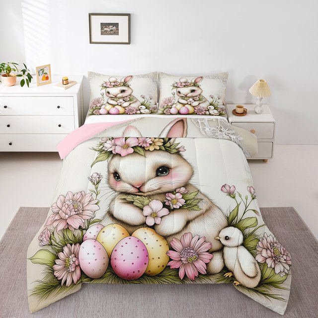 Erosebridal Ensembles de Literie Kawaii Lapins avec Couette, Œufs de Pâques Roses Fleur Housse de Couette, Réversible 3 Pcs